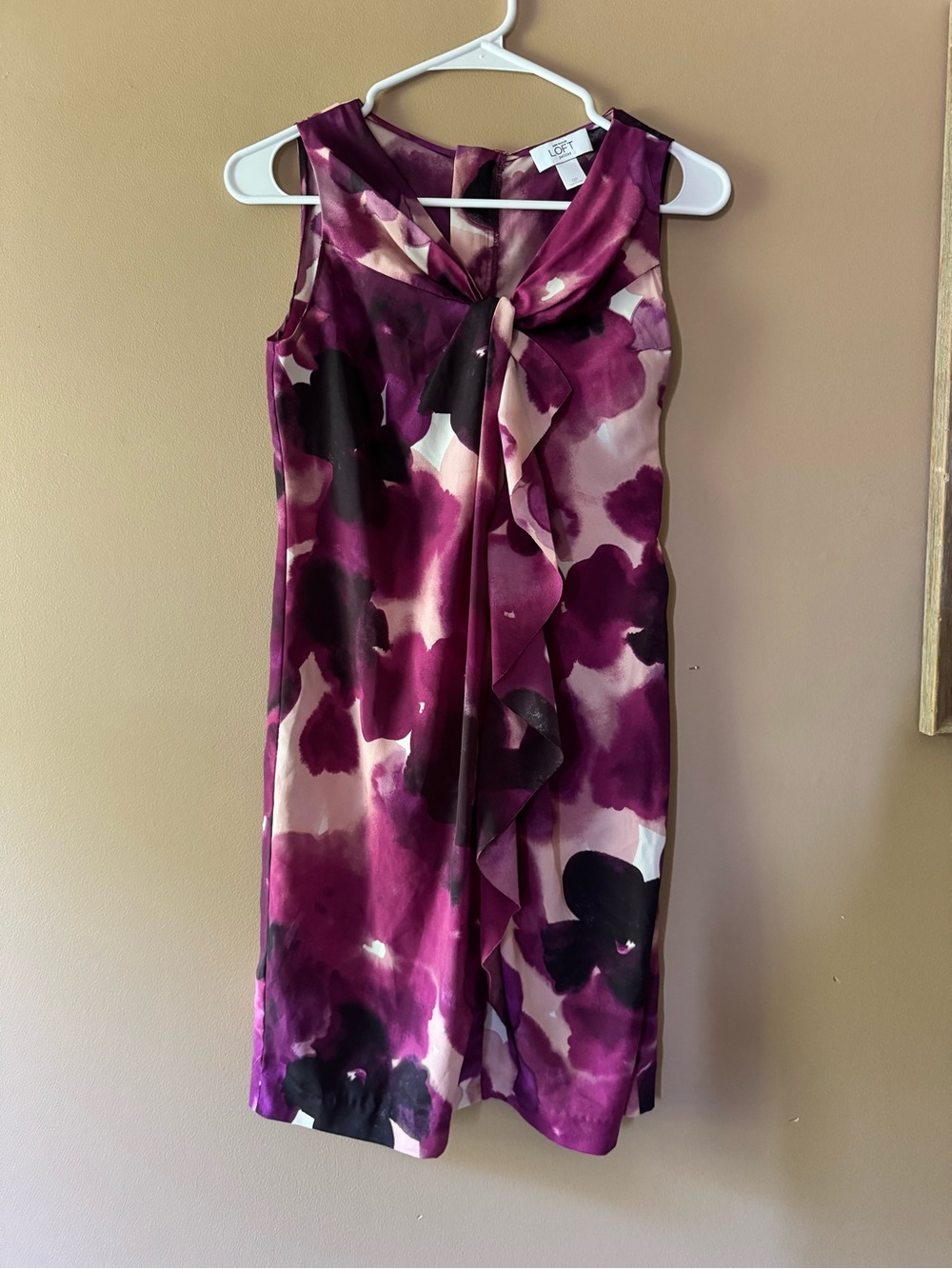 LOFT Purple and Pink Watercolor Floral Ruffle Shift Dress